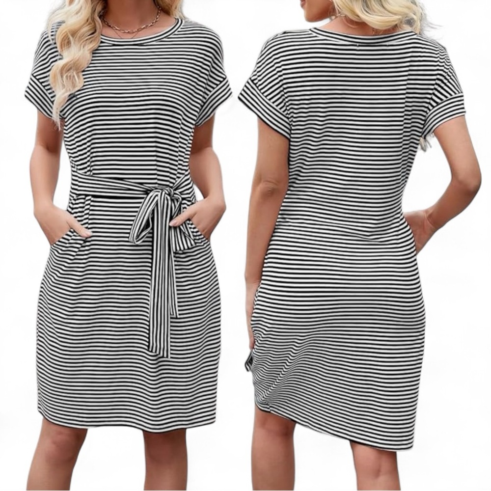Merokeety Summer Striped Short Sleeve Tie Waist with Pockets T-Shirt Knit Dress